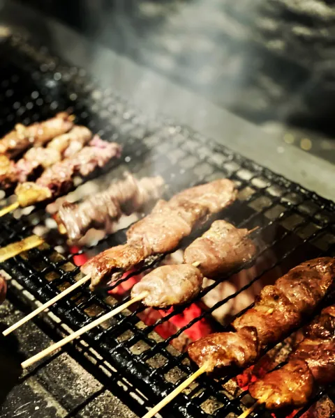 炭火の上で煙を上げて焼けるやきとり